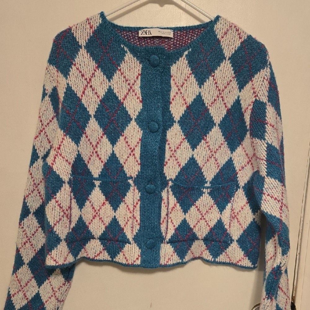 Zara Teal and White Argyle Button Up Cardigan Jacket